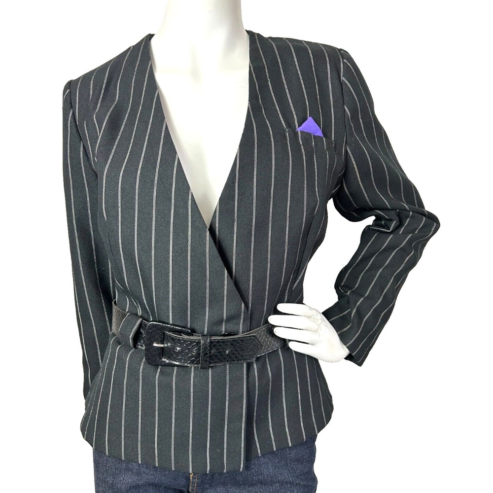 Vtg Audrey Celine Pinstripe Peplum Blazer Belted Suit Jacket W/ Pocket Square M